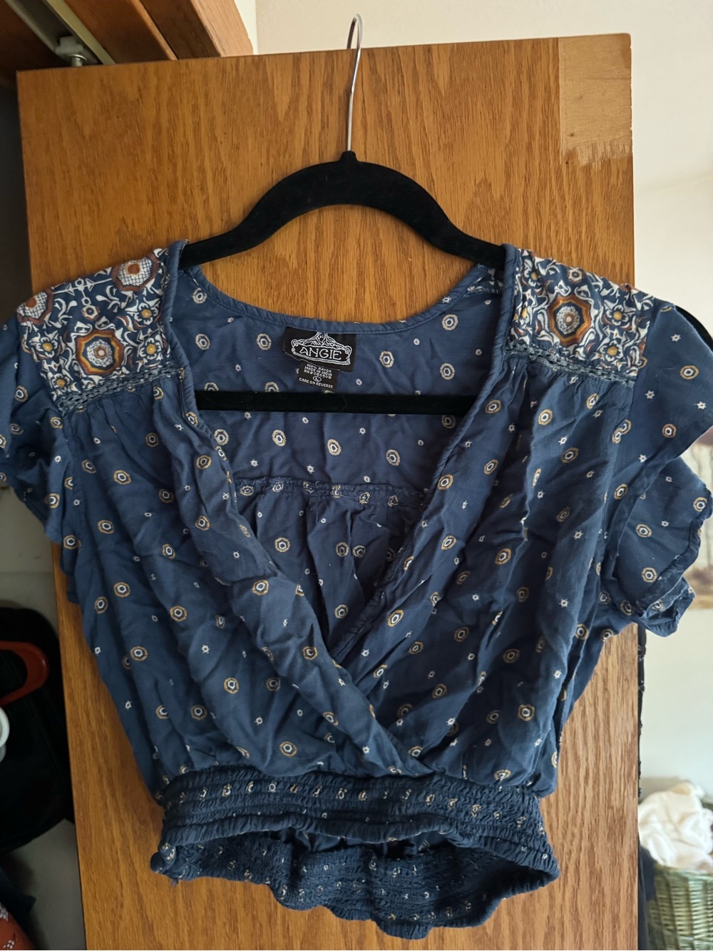 Angie Navy Blue Printed Short Sleeve Cropped Wrap Top